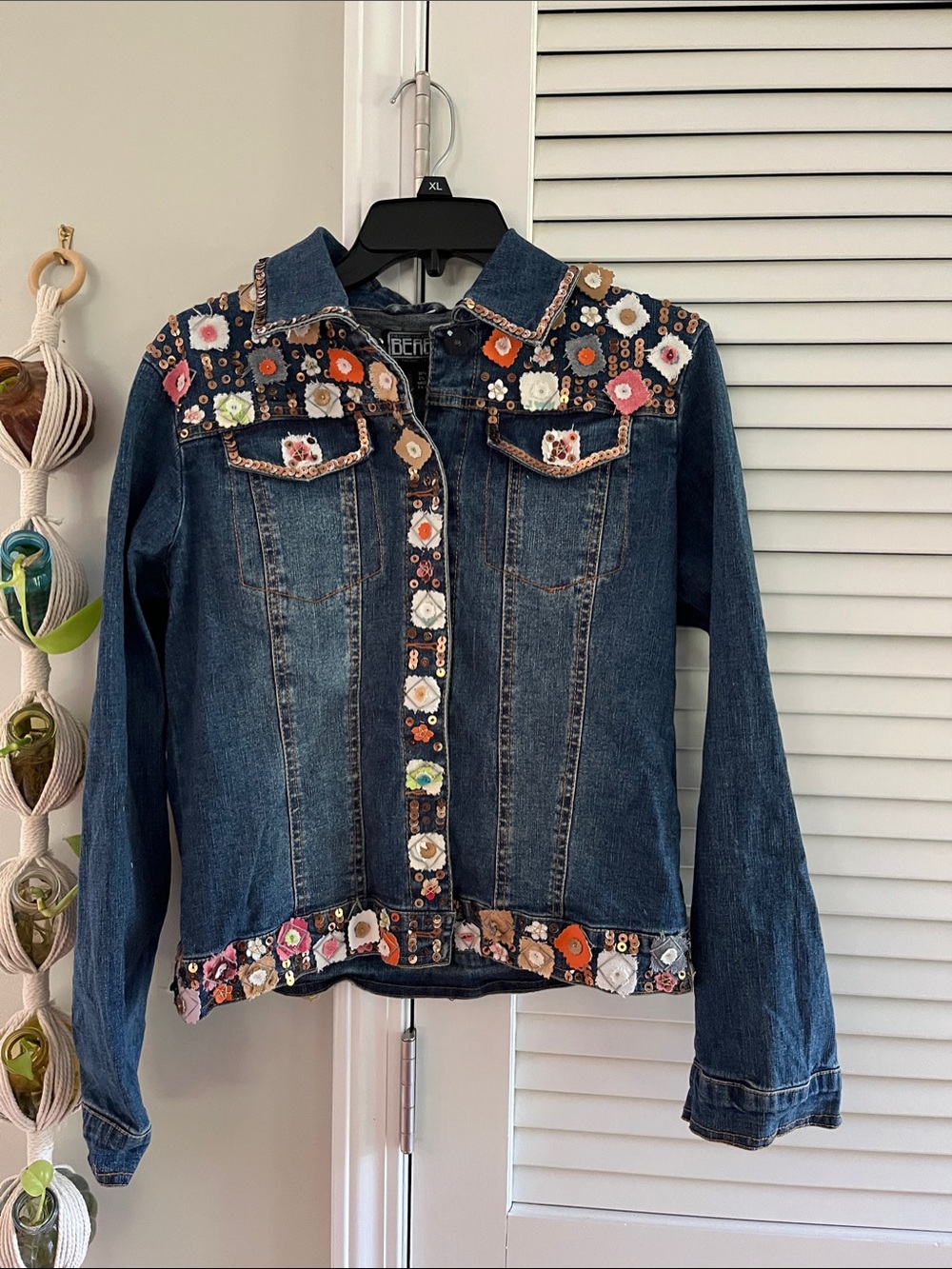 berek Dark Blue Denim Jacket with Multicolor Floral Embroidery